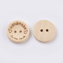 2 Stück Holzknopf 20x4mm, Loch: 2mm "Handmade with love"