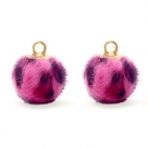 1 Stück Faux Fur PomPom - Leopard Neon Pink (Gold)